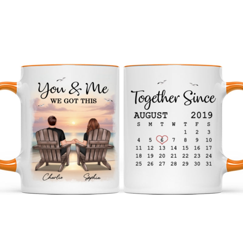Eternal Sunset Beach Couple Back View Anniversary Calendar Personalized Mug,  Gift, Anniversary Gift For Him, For Her