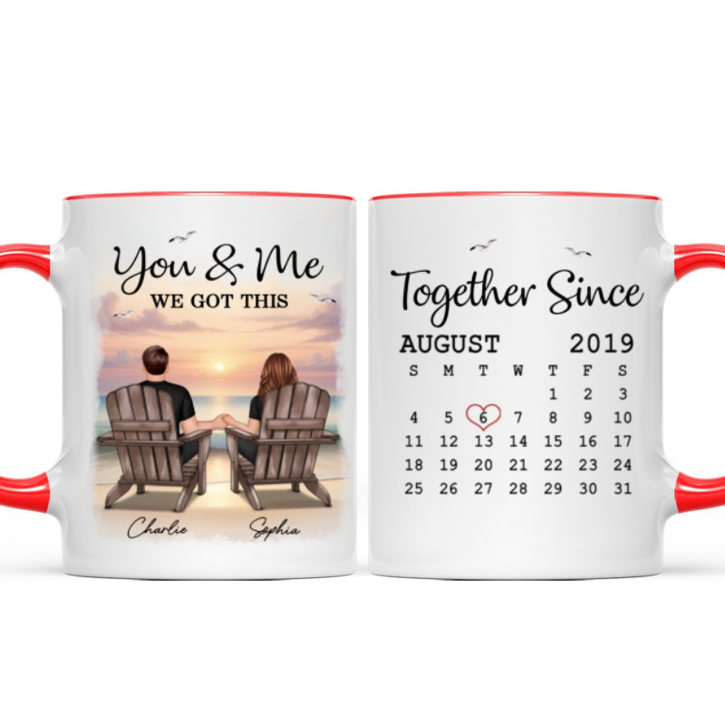 Eternal Sunset Beach Couple Back View Anniversary Calendar Personalized Mug,  Gift, Anniversary Gift For Him, For Her