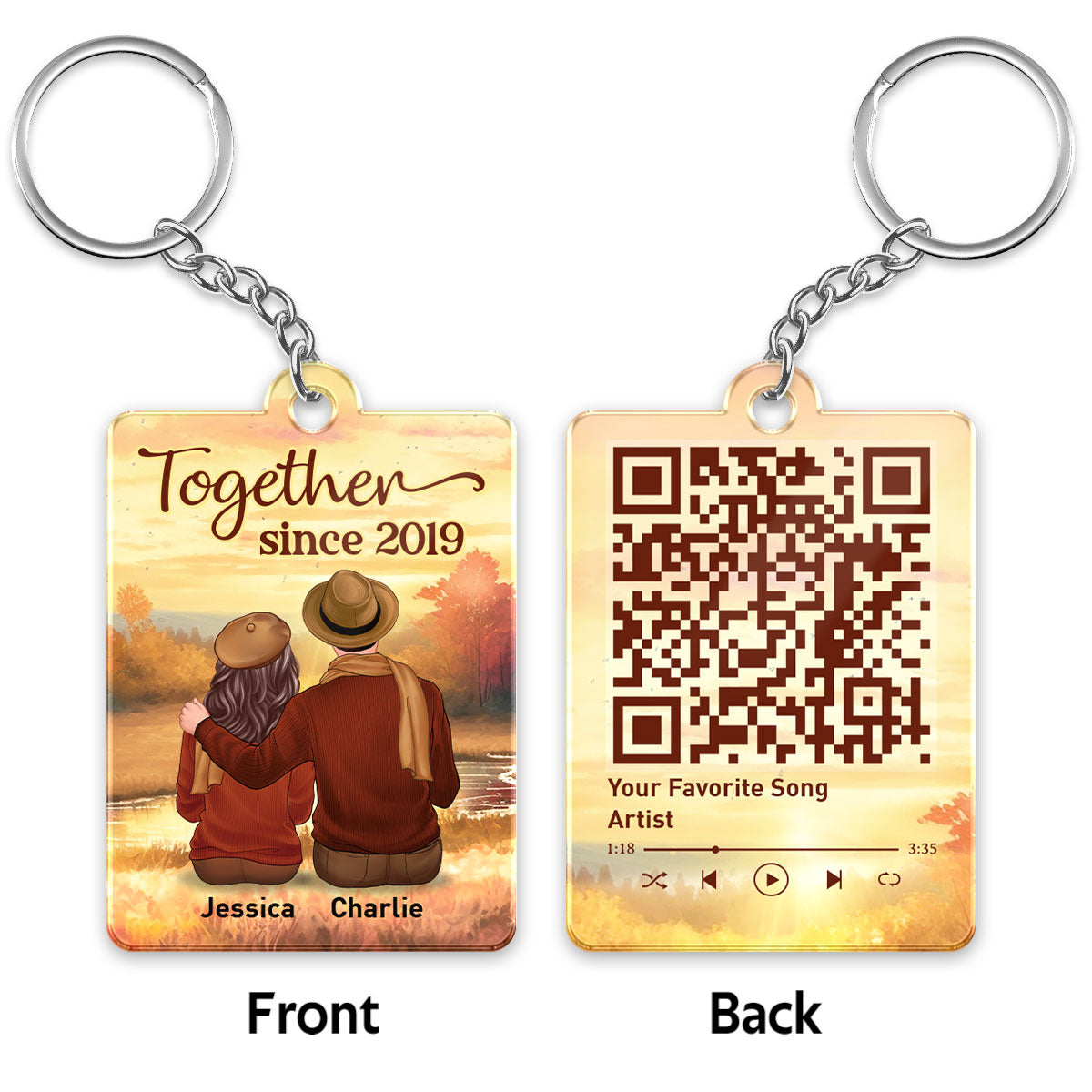 Embracing Fall Season Couple Sitting Back View Favorite Song QR Code Personalized Acrylic Keychain